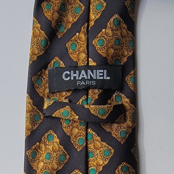CHANEL Men's Vintage Tie 100% Silk Made in Italy Black Jewel Pattern Authentic - Picture 2 of 6